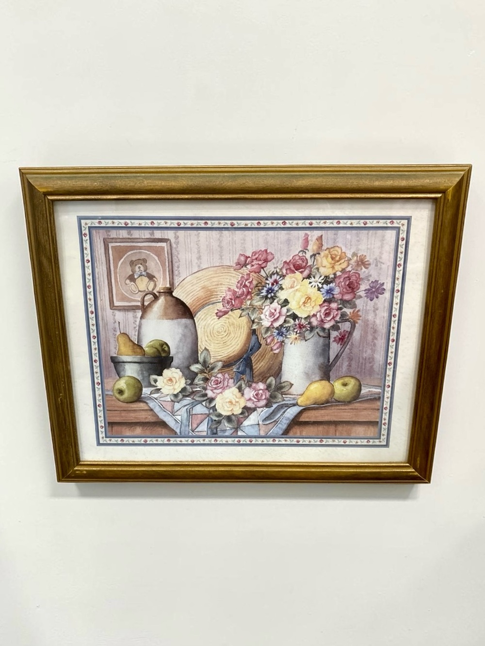 Vintage Home Interior Framed T.C. Chiu Print Life, Fruit & Flowers 16” x 13” EUC